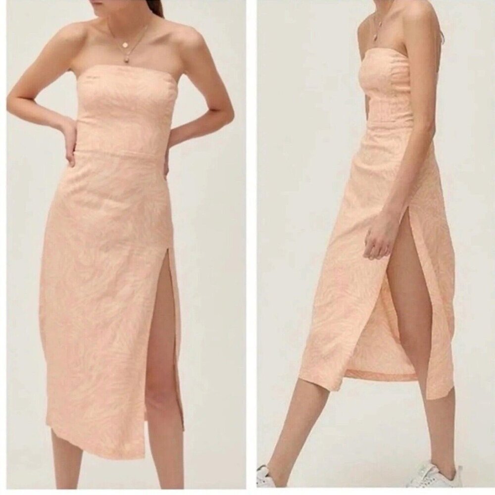 UO Urban Outfitters Dress Strapless Medium M ‎ Peach Linen Blend High Slit